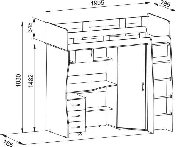 Чертеж - кровать чердак для подростка со шкафом и рабочим местом