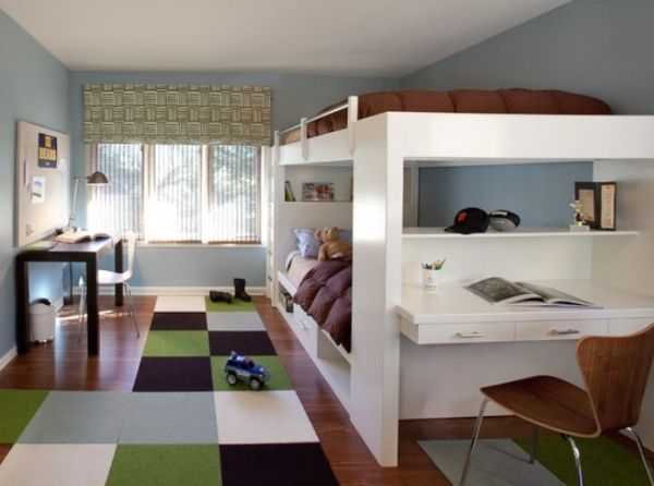 Детская для двух подростков с двухъярусной кроватью и цветным ковром