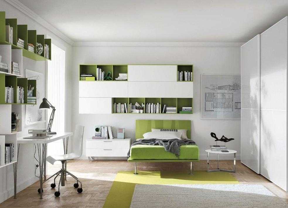 Бело-зеленый интерьер комнаты подростка