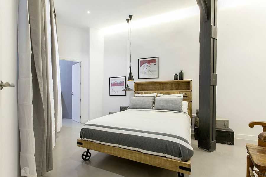 Спальня в стиле лофт с подвесными люстрами