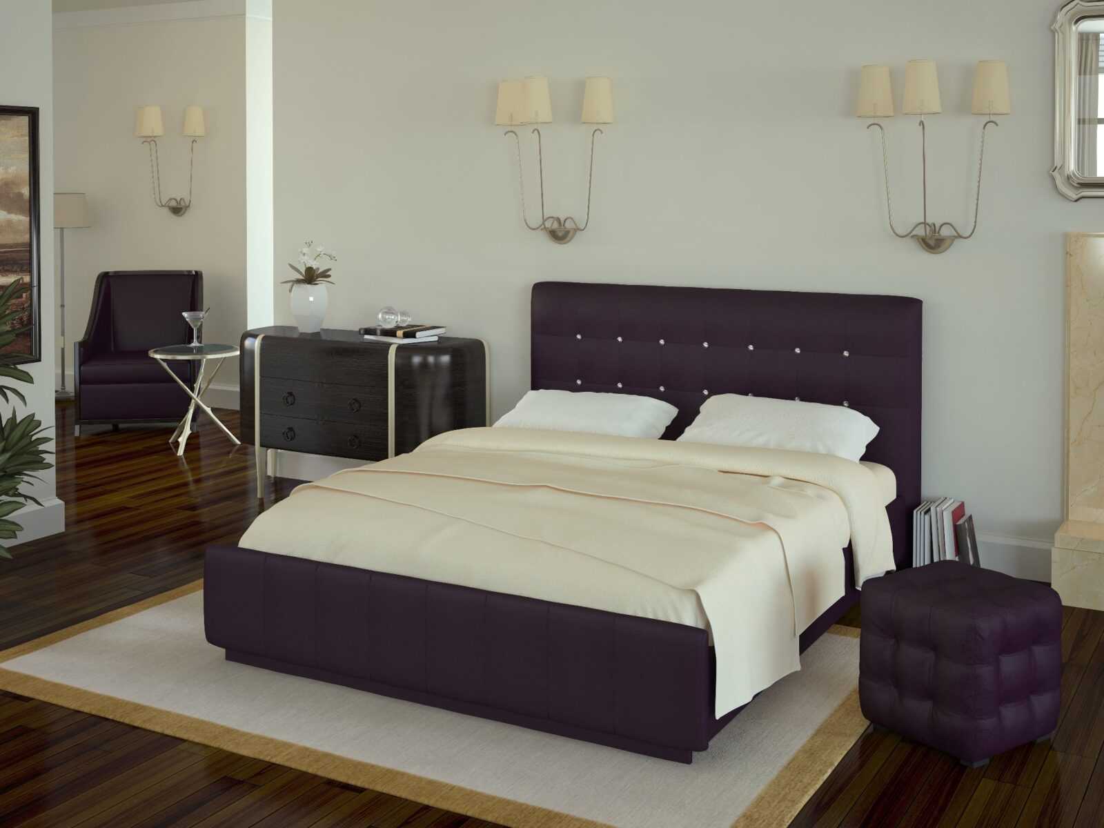 Фиолетовое изголовье современной кровати