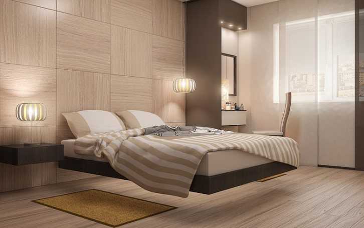 Красивая спальня в стиле минимализм с ливитирующей кроватью