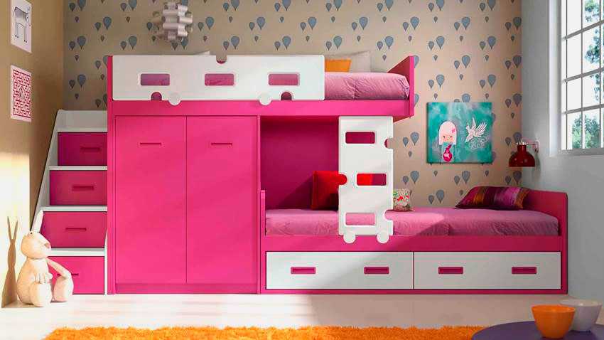Детская стенка для девочек со встроенной двухъярусной кроватью