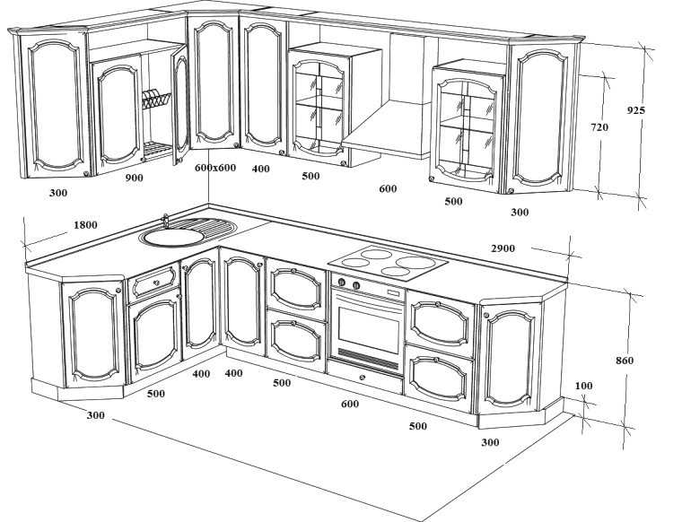 Пример чертежа и размеры угловой кухни