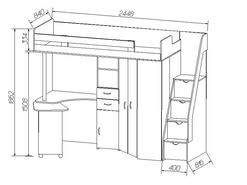 Схема детской кровати чердак с лестницей-комодом